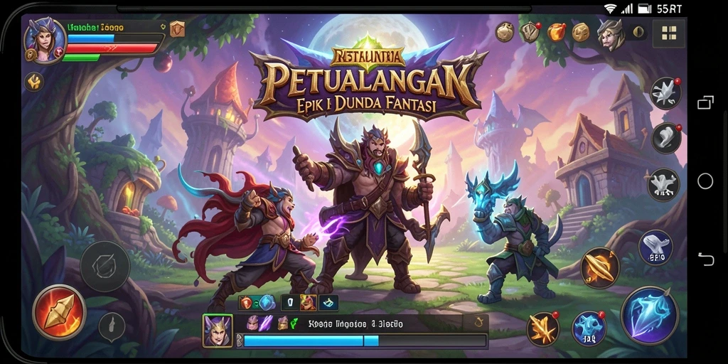 Screenshot utama 55RT menampilkan karakter dalam pertempuran epik.