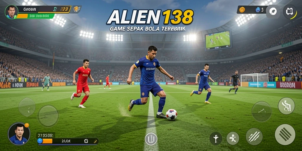 Screenshot utama ALIEN138 menampilkan aksi seru pertandinga sepak bola.
