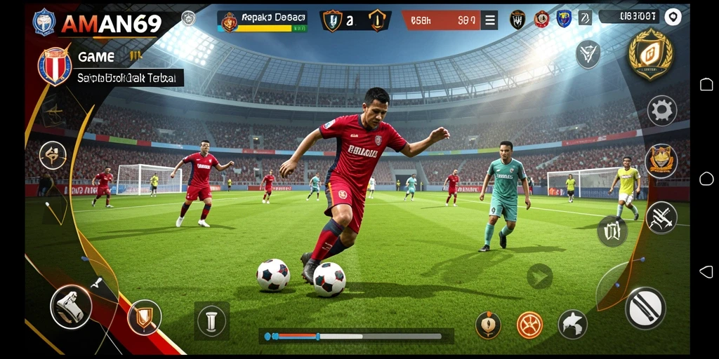 Screenshot gameplay AMAN69 menunjukkan aksi seru di lapangan sepak bola.