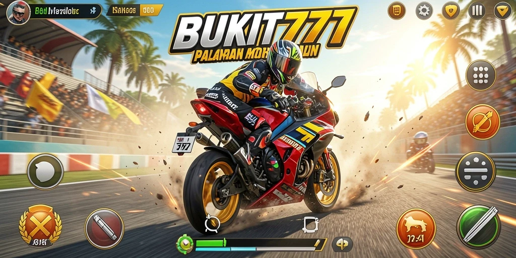 Screenshot gameplay BUKIT777 yang menampilkan aksi balapan motor yang mendebarkan.