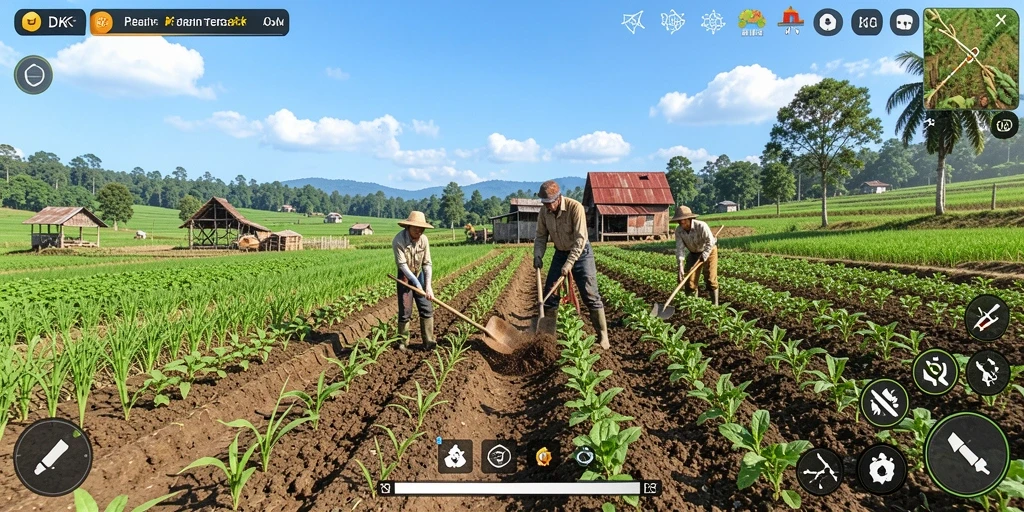 Screenshot DKK menampilkan petani yang sedang merawat ladang hijau.