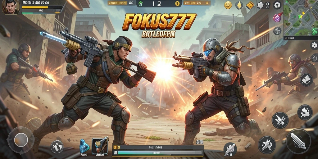 Tampilan gameplay seru FOKUS777 dalam pertarungan Battle Royale.