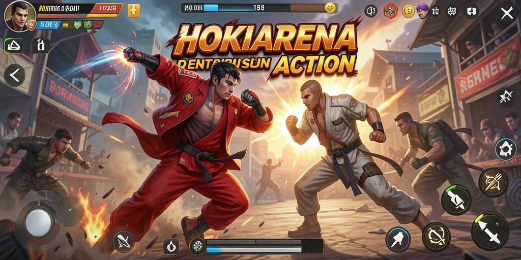 Gameplay HOKIARENA yang mendebarkan dengan aksi pertarungan yang intens.