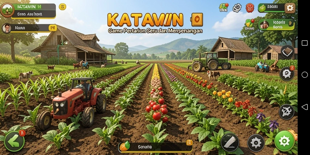 Tampilan gameplay KATAWIN dengan ladang hijau subur dan hewan ternak.