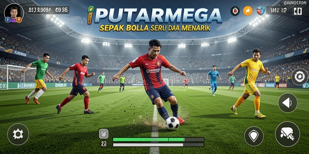Screenshot gameplay PUTARMEGA yang menampilkan aksi sepak bola seru.
