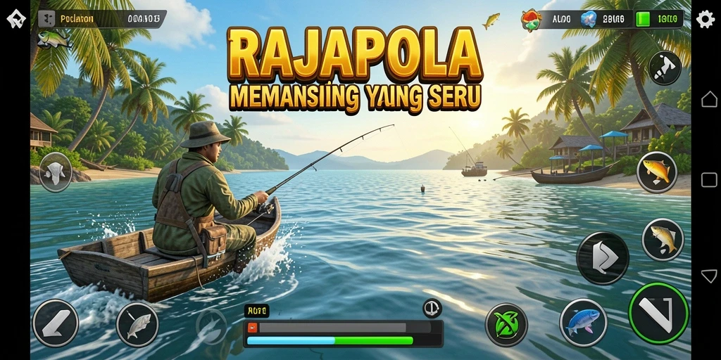 Screenshot gameplay RAJAPOLA menampilkan aksi memancing yang seru.